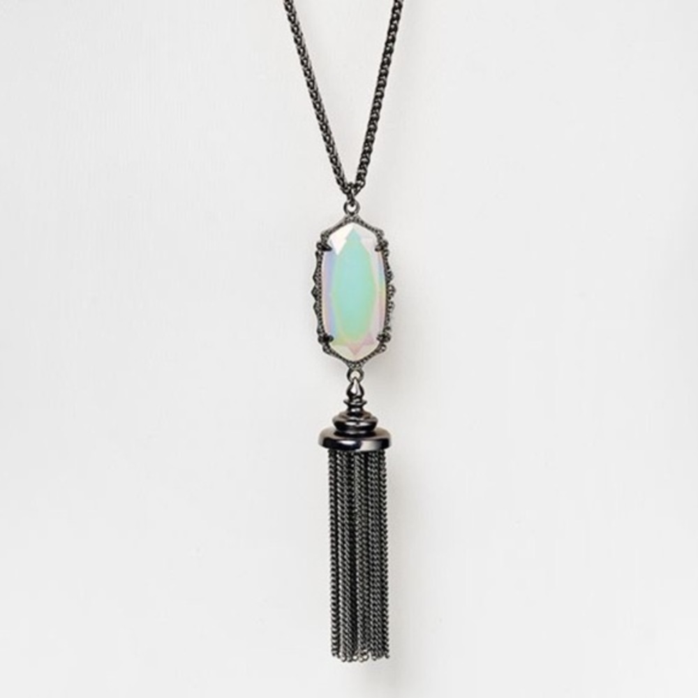 Kendra Scott Everly necklace/Logan studs set. Gunmetal and iridescent Opalite